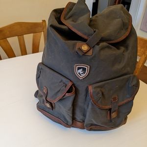 Kuhl Backpack Green Brown Leather oiled cotton laptop compartment